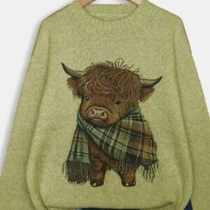 Cute Baby Cow Print Green Sweater